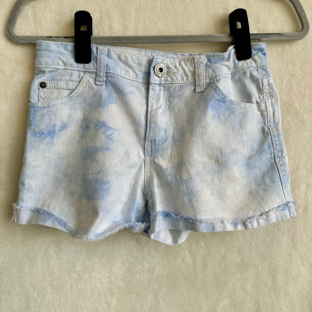 Cherokee Girls Size L 10-12 Tie Dye Denim Cutoff Shorts Light Blue Frayed Hem
